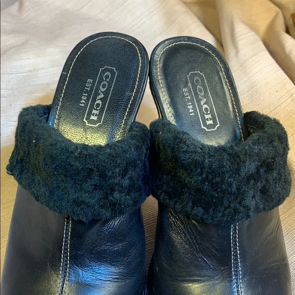 Coach leather furry heeled mules super comfortable